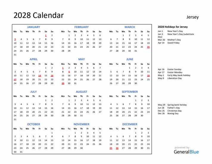 2028 Calendar with Holidays for Jersey