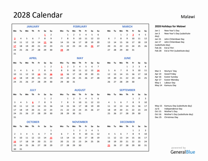 2028 Calendar with Holidays for Malawi