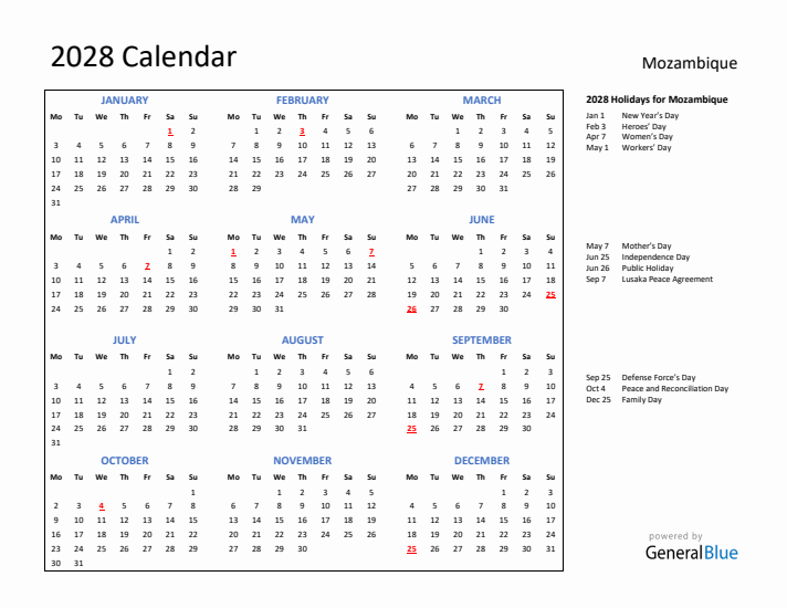 2028 Calendar with Holidays for Mozambique