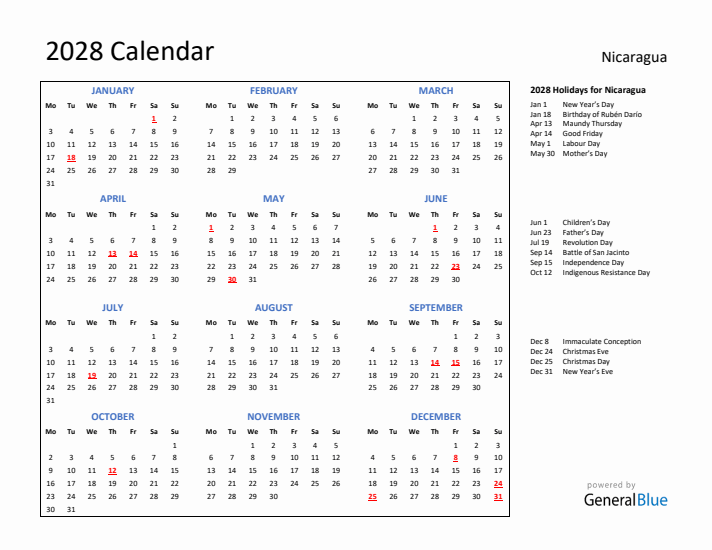 2028 Calendar with Holidays for Nicaragua