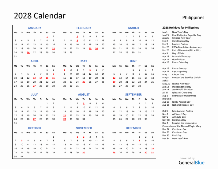 2028 Calendar with Holidays for Philippines