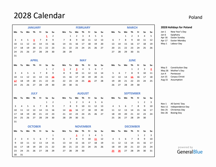 2028 Calendar with Holidays for Poland