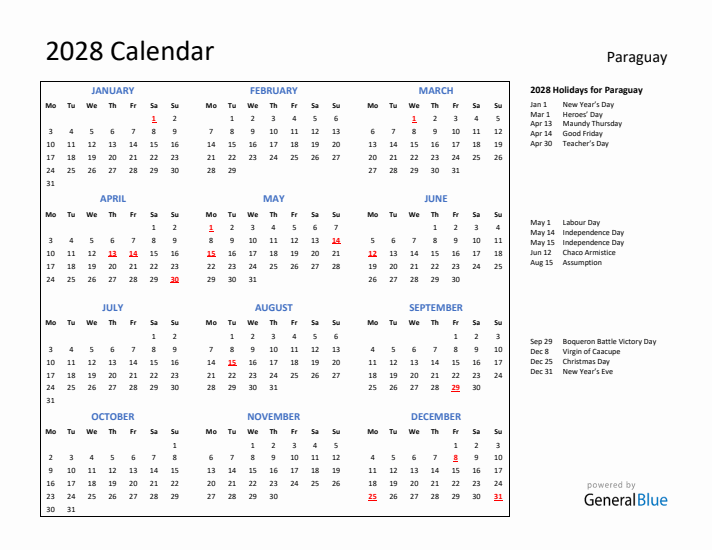 2028 Calendar with Holidays for Paraguay