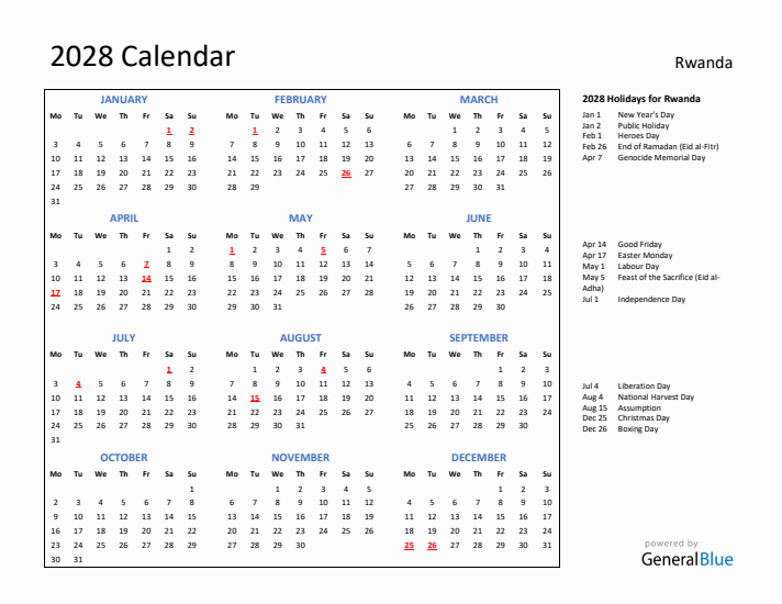 2028 Calendar with Holidays for Rwanda