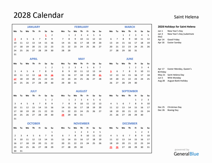 2028 Calendar with Holidays for Saint Helena