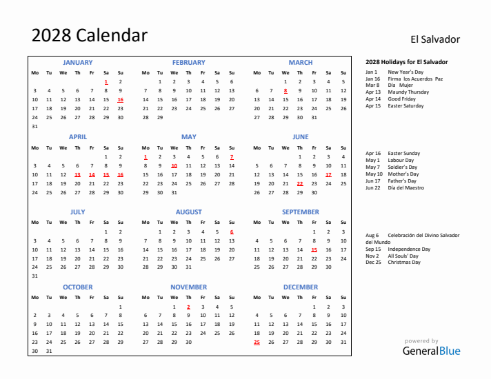 2028 Calendar with Holidays for El Salvador