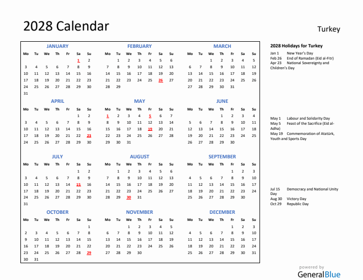 2028 Calendar with Holidays for Turkey