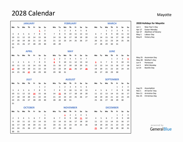 2028 Calendar with Holidays for Mayotte