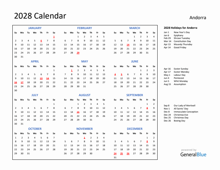 2028 Calendar with Holidays for Andorra