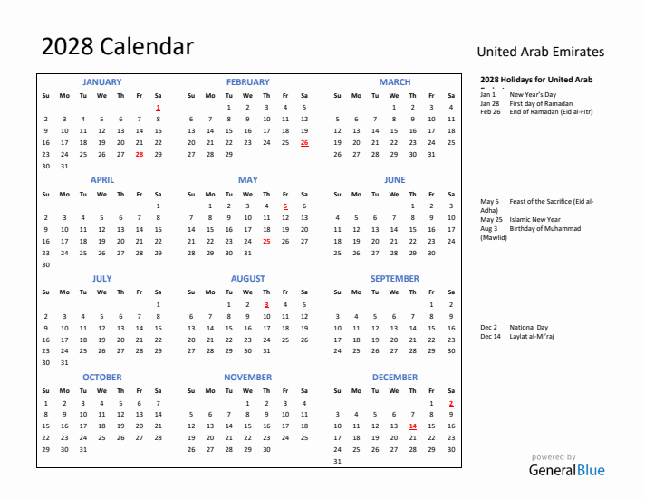 2028 Calendar with Holidays for United Arab Emirates