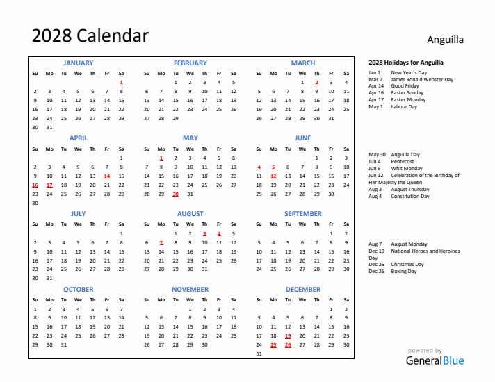 2028 Calendar with Holidays for Anguilla