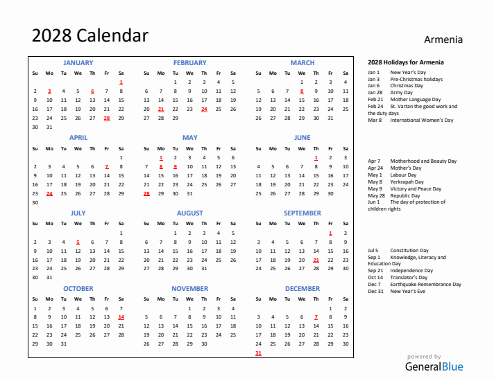 2028 Calendar with Holidays for Armenia