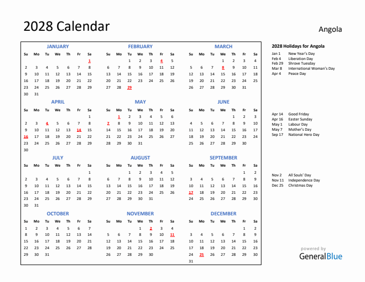 2028 Calendar with Holidays for Angola