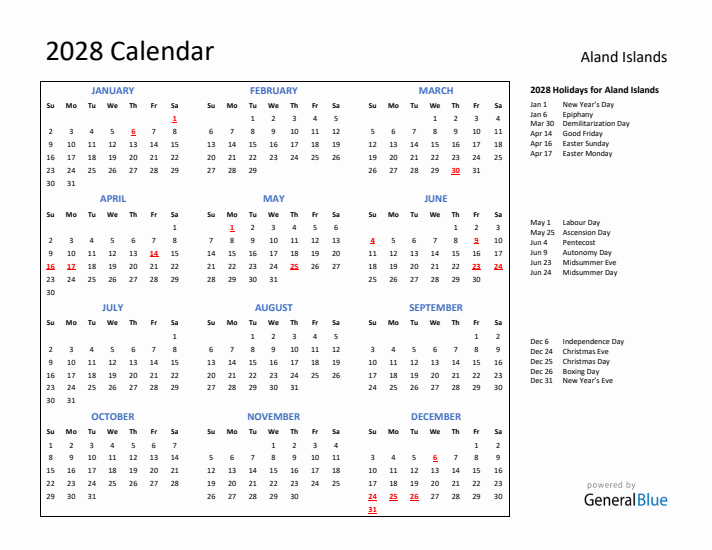 2028 Calendar with Holidays for Aland Islands