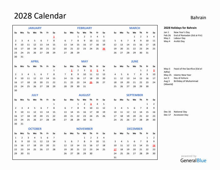 2028 Calendar with Holidays for Bahrain