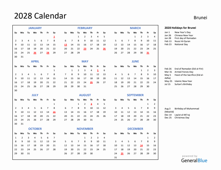 2028 Calendar with Holidays for Brunei