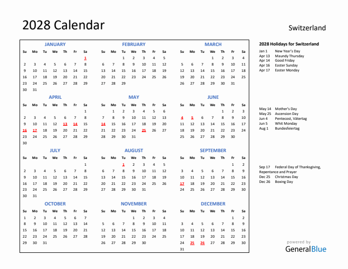 2028 Calendar with Holidays for Switzerland