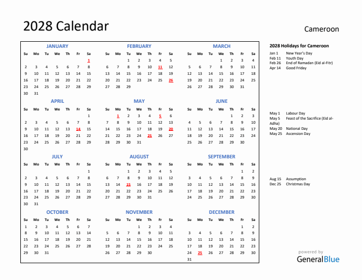 2028 Calendar with Holidays for Cameroon