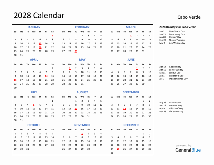 2028 Calendar with Holidays for Cabo Verde