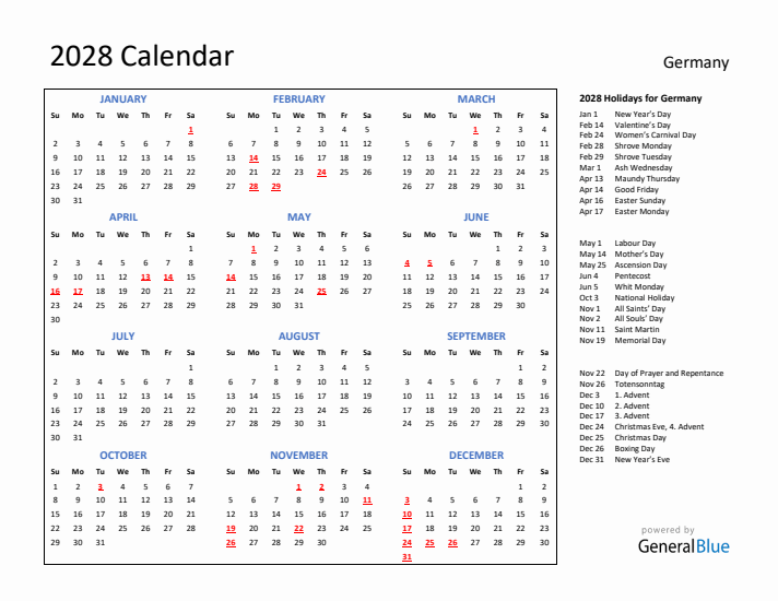 2028 Calendar with Holidays for Germany