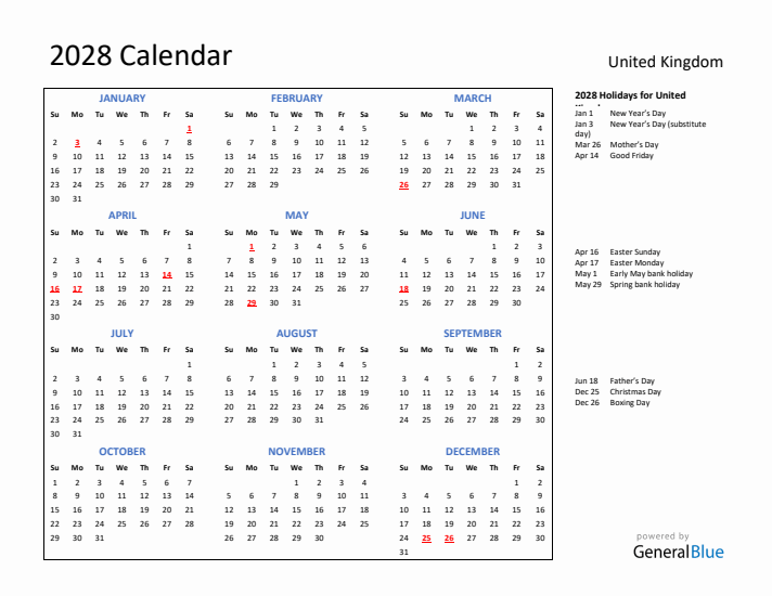 2028 Calendar with Holidays for United Kingdom