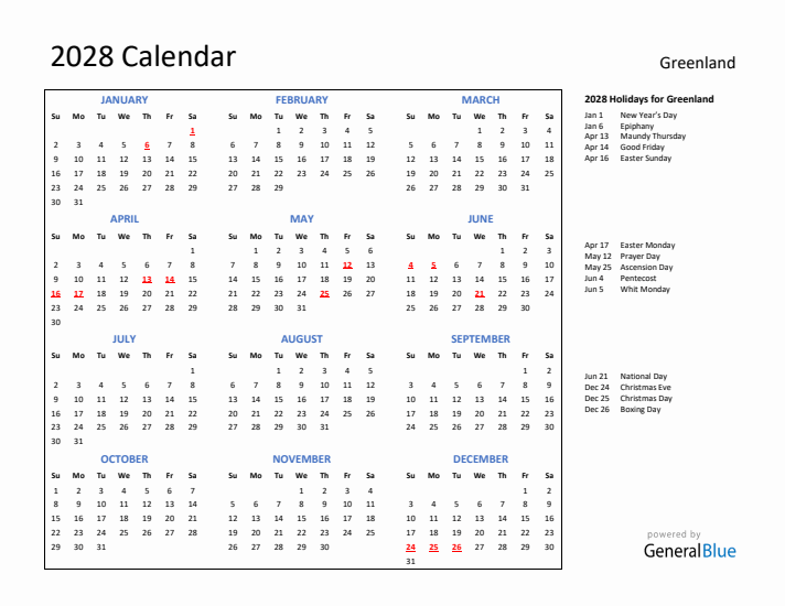 2028 Calendar with Holidays for Greenland