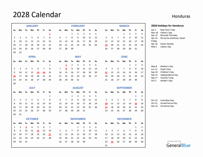 2028 Calendar with Holidays for Honduras