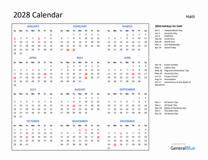 2028 Calendar with Holidays for Haiti