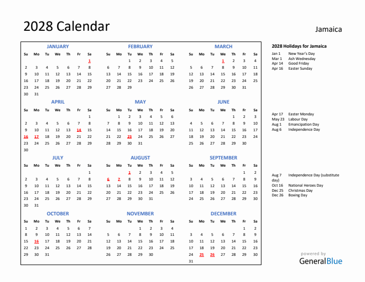 2028 Calendar with Holidays for Jamaica