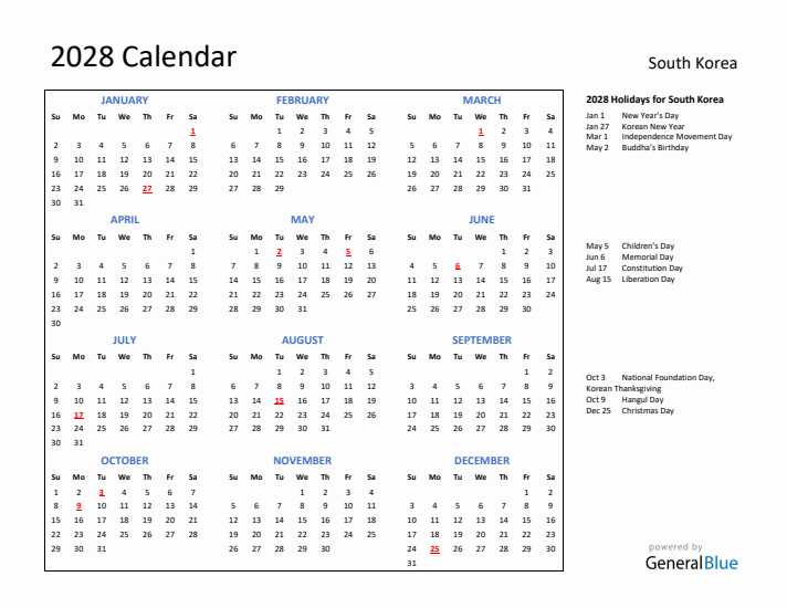 2028 Calendar with Holidays for South Korea