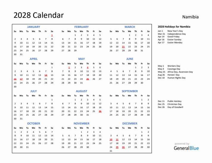 2028 Calendar with Holidays for Namibia