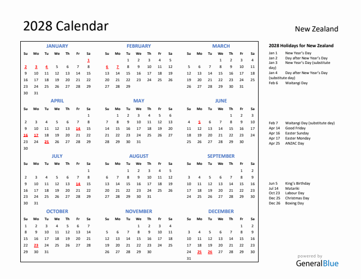 2028 Calendar with Holidays for New Zealand