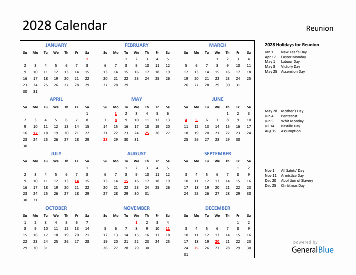 2028 Calendar with Holidays for Reunion