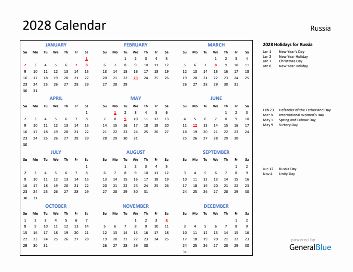 2028 Calendar with Holidays for Russia