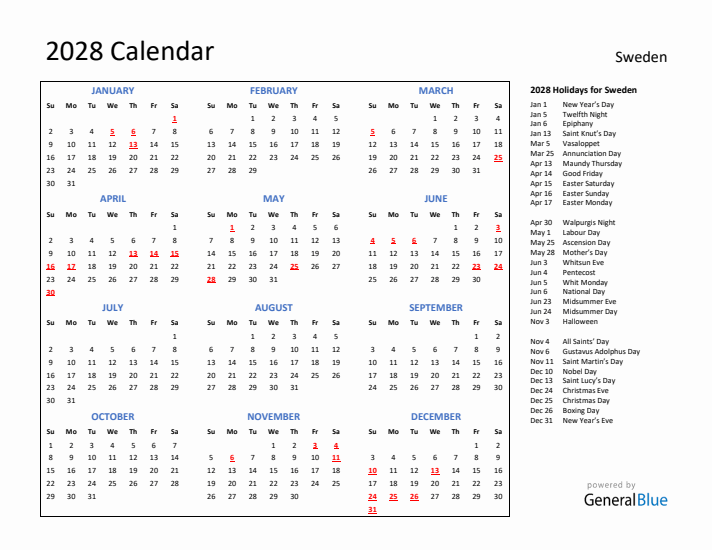 2028 Calendar with Holidays for Sweden