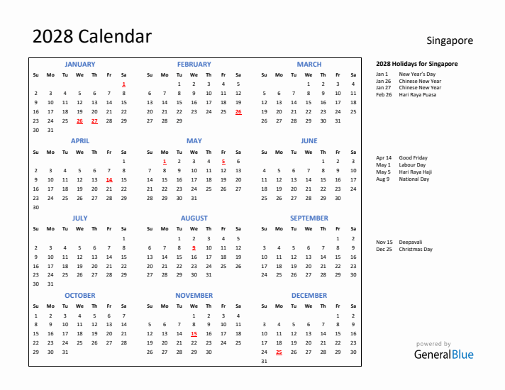 2028 Calendar with Holidays for Singapore