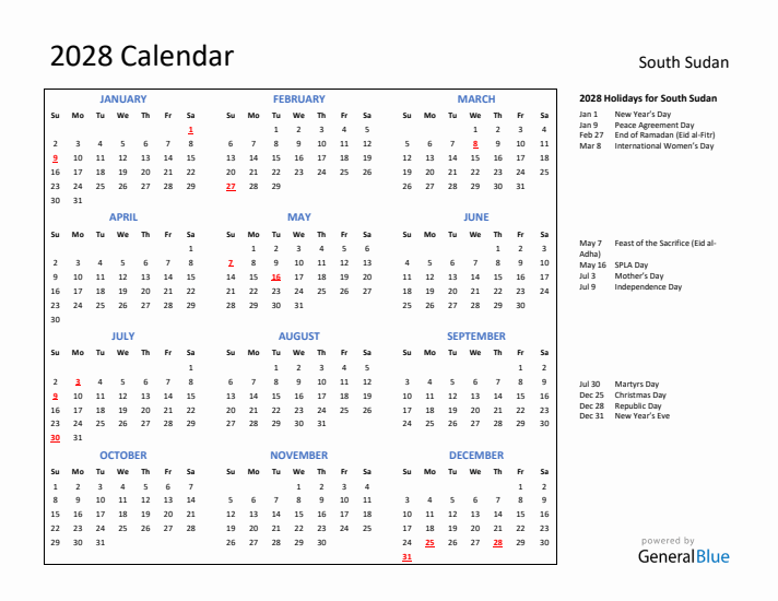 2028 Calendar with Holidays for South Sudan