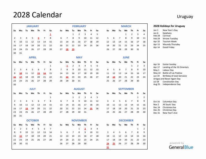 2028 Calendar with Holidays for Uruguay