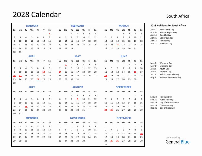 2028 Calendar with Holidays for South Africa