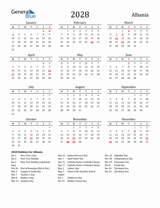 Albania Holidays Calendar for 2028