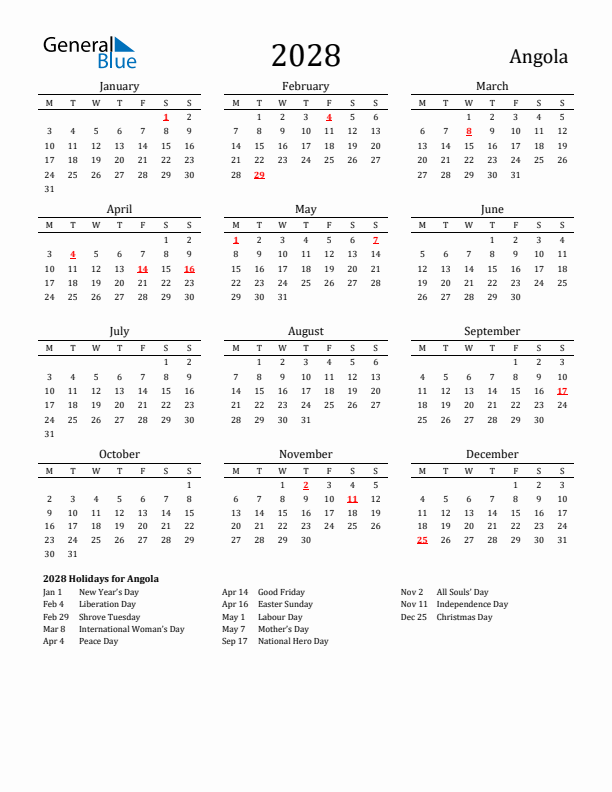 Angola Holidays Calendar for 2028