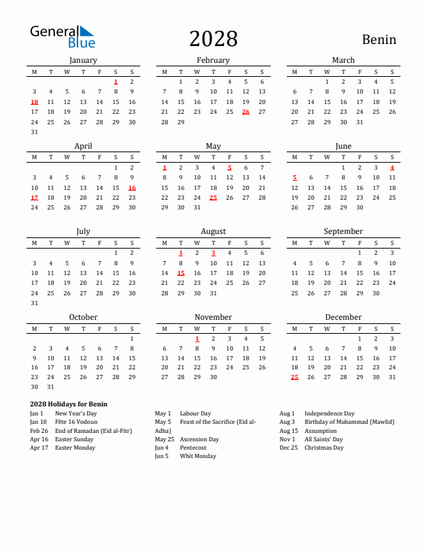 Benin Holidays Calendar for 2028