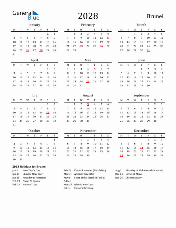 Brunei Holidays Calendar for 2028