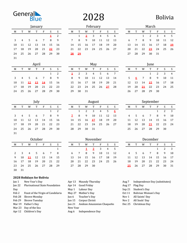 Bolivia Holidays Calendar for 2028