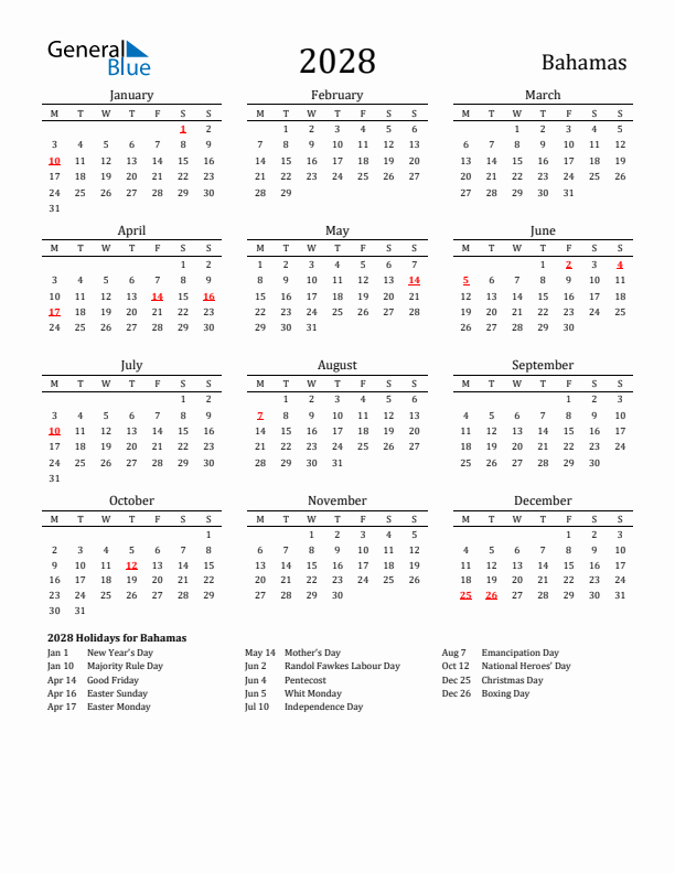 Bahamas Holidays Calendar for 2028