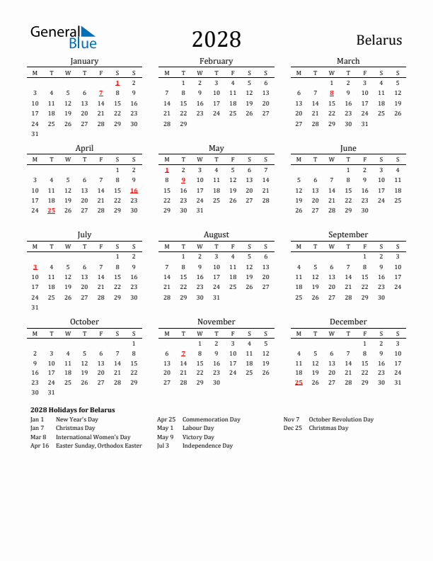 Belarus Holidays Calendar for 2028