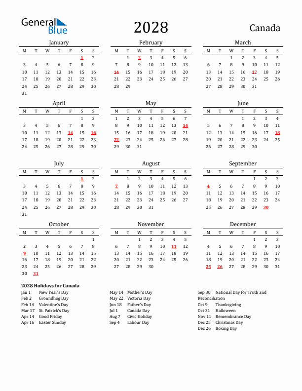 Canada Holidays Calendar for 2028