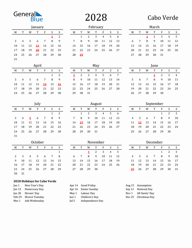 Cabo Verde Holidays Calendar for 2028