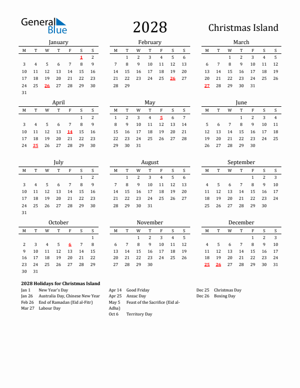 Christmas Island Holidays Calendar for 2028