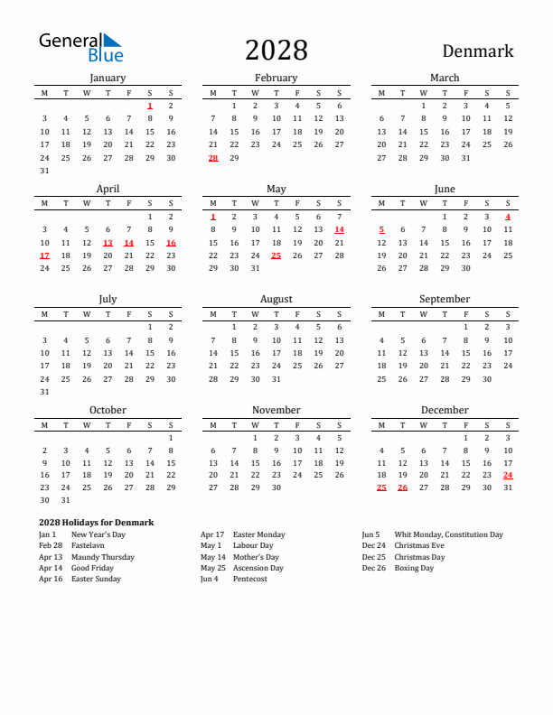 Denmark Holidays Calendar for 2028